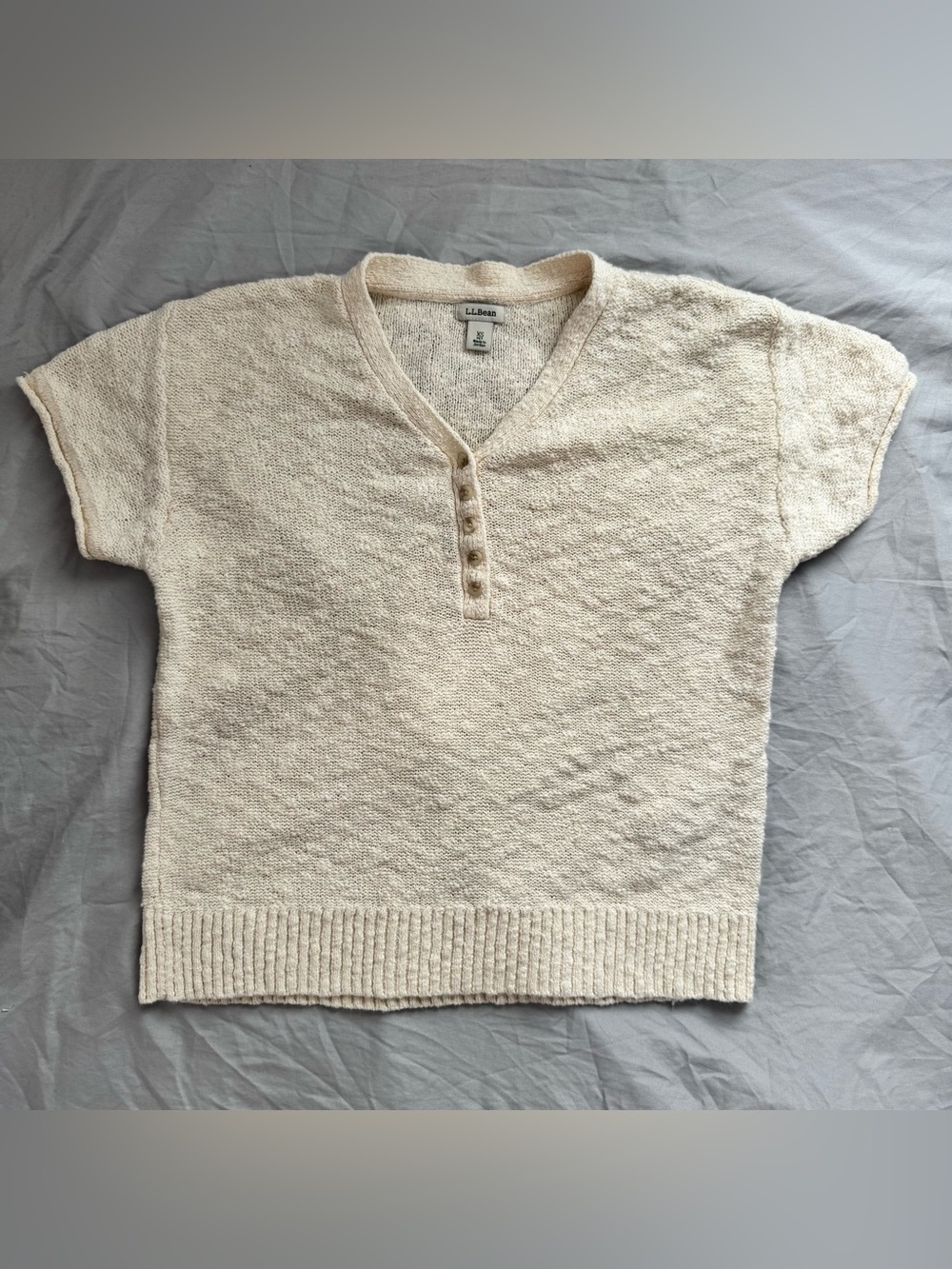 L.L. Bean Cream Short-Sleeve V-Neck Henley Sweater Top